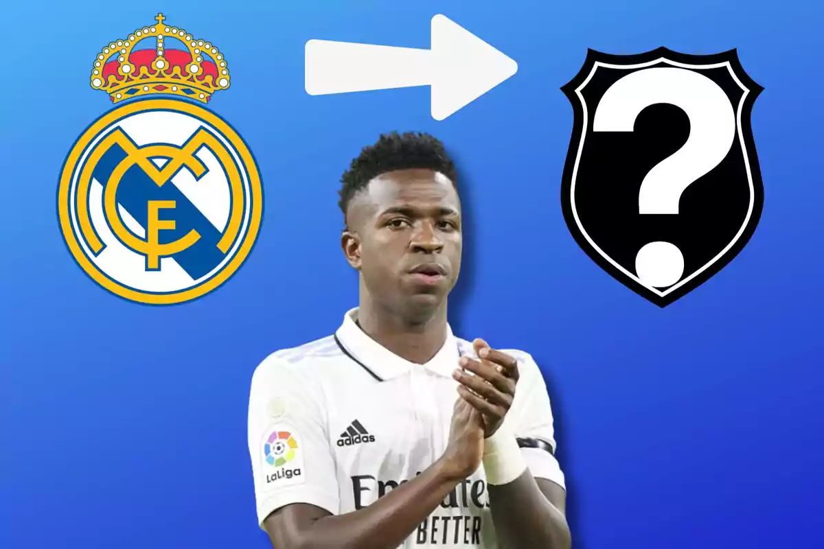 Un jugador de futbol amb l?uniforme del Reial Madrid, acompanyat de l?escut de l?equip al?esquerra i una fletxa que apunta un escut en blanc i negre amb un signe d?interrogació a la dreta.