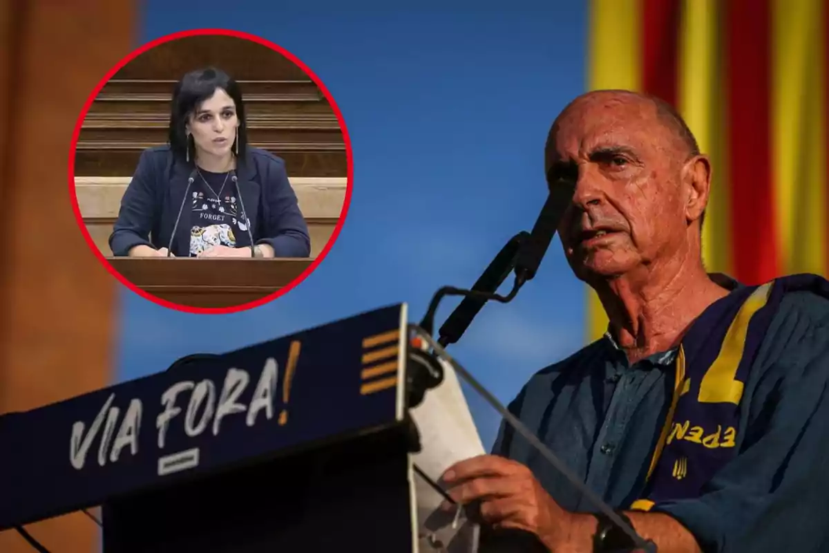 Un home gran parla en un podi amb un micròfon, mentre que en un cercle vermell es mostra una dona jove parlant en un parlament.