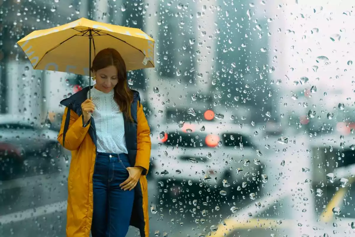 Mujer con abrigo amarillo y paraguas caminando en un día lluvioso con gotas de agua en la ventana.