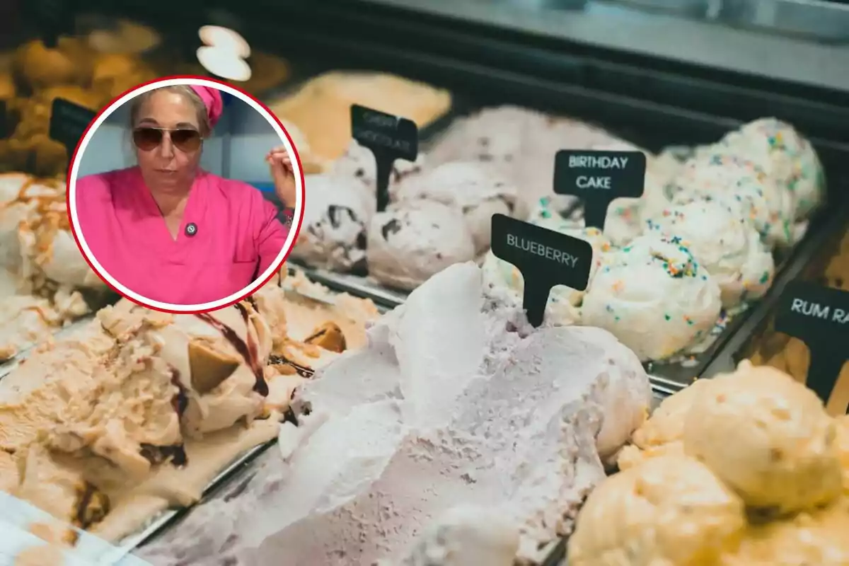 Una mujer con uniforme rosa y gafas de sol está enmarcada en un círculo sobre una imagen de varios sabores de helado en una vitrina.