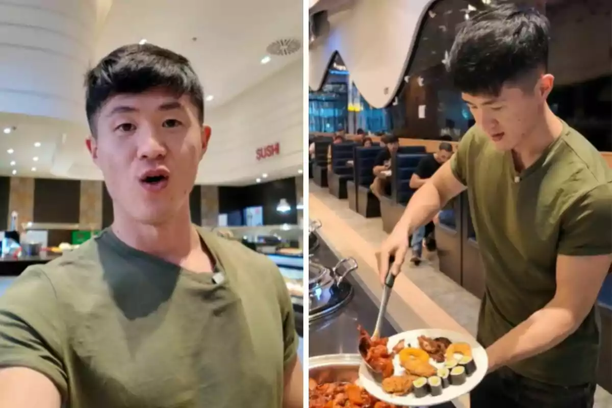 Un hombre con camiseta verde está en un restaurante, en la primera imagen se le ve hablando y en la segunda sirviéndose comida en un buffet.