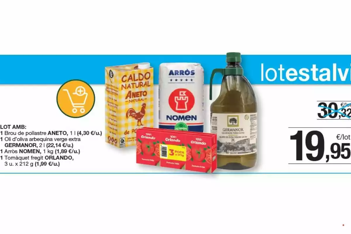 Imagen de un lote de productos alimenticios que incluye caldo de pollo Aneto, aceite de oliva virgen extra Germanor, arroz Nomen y tomate frito Orlando, con un precio promocional de 19,95 euros. Imagen de un lote de productos alimenticios que incluye caldo de pollo Aneto, aceite de oliva virgen extra Germanor, arroz Nomen y tomate frito Orlando, con un precio promocional de 19,95 euros.