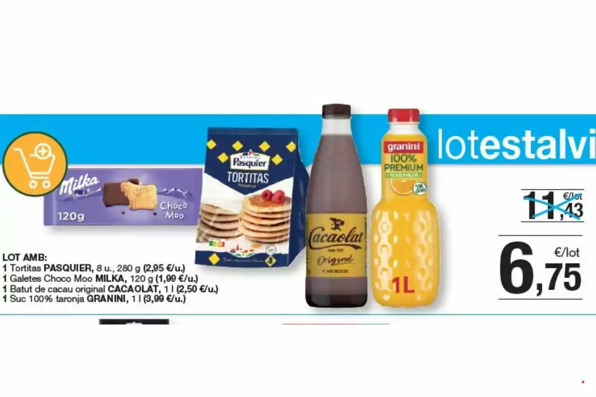 Oferta d’un lot que inclou galetes Milka Choco Moo, coquetes Pasquier, batut de cacau Cacaolat i suc de taronja Granini per 6,75 euros Oferta d’un lot que inclou galetes Milka Choco Moo, coquetes Pasquier, batut de cacau Cacaolat i suc de taronja Granini per 6,75 euros