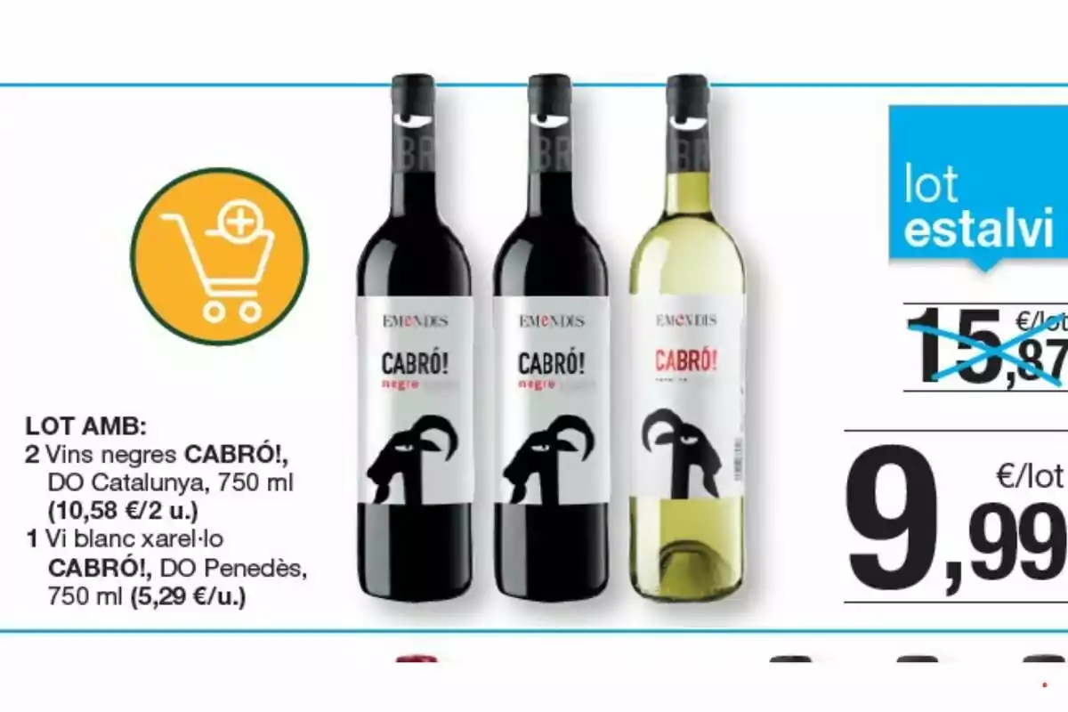Promoció de vins Emendis Cabró amb dues ampolles de vi negre i una de vi blanc a un preu reduït de 9,99 euros per lot. Promoció de vins Emendis Cabró amb dues ampolles de vi negre i una de vi blanc a un preu reduït de 9,99 euros per lot.