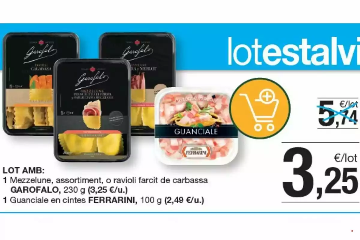 Promoció de productes italians que inclou pasta Garofalo i guanciale Ferrarini amb un preu reduït de 3,25 euros per lot. Promoció de productes italians que inclou pasta Garofalo i guanciale Ferrarini amb un preu reduït de 3,25 euros per lot.