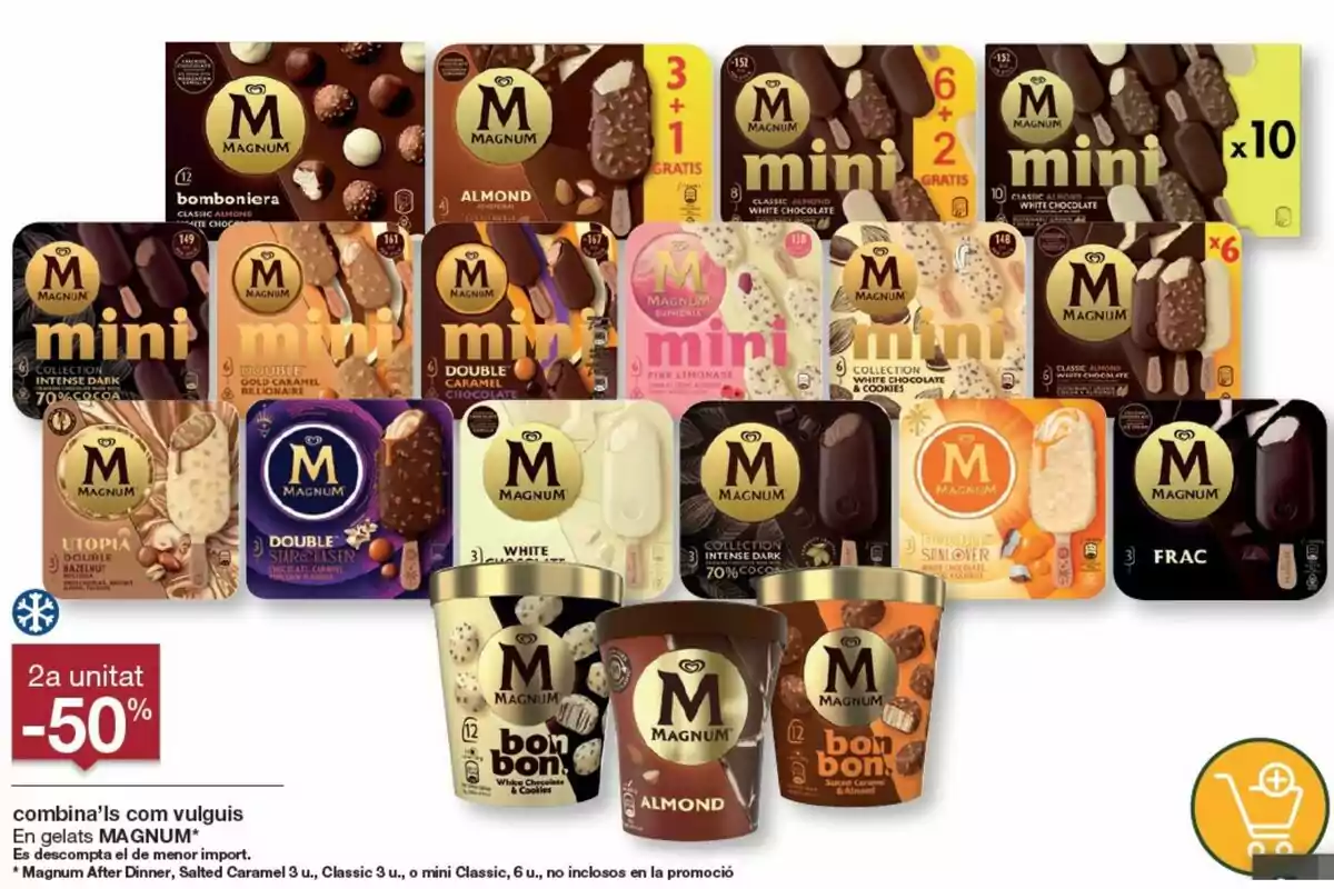 Imatge d'una promoció de gelats Magnum que mostra una varietat de productes, incloent diferents sabors i presentacions com mini, ametlla, xocolata blanca i més, amb un descompte del 50% en la segona unitat. Imatge d'una promoció de gelats Magnum que mostra una varietat de productes, incloent diferents sabors i presentacions com mini, ametlla, xocolata blanca i més, amb un descompte del 50% en la segona unitat.