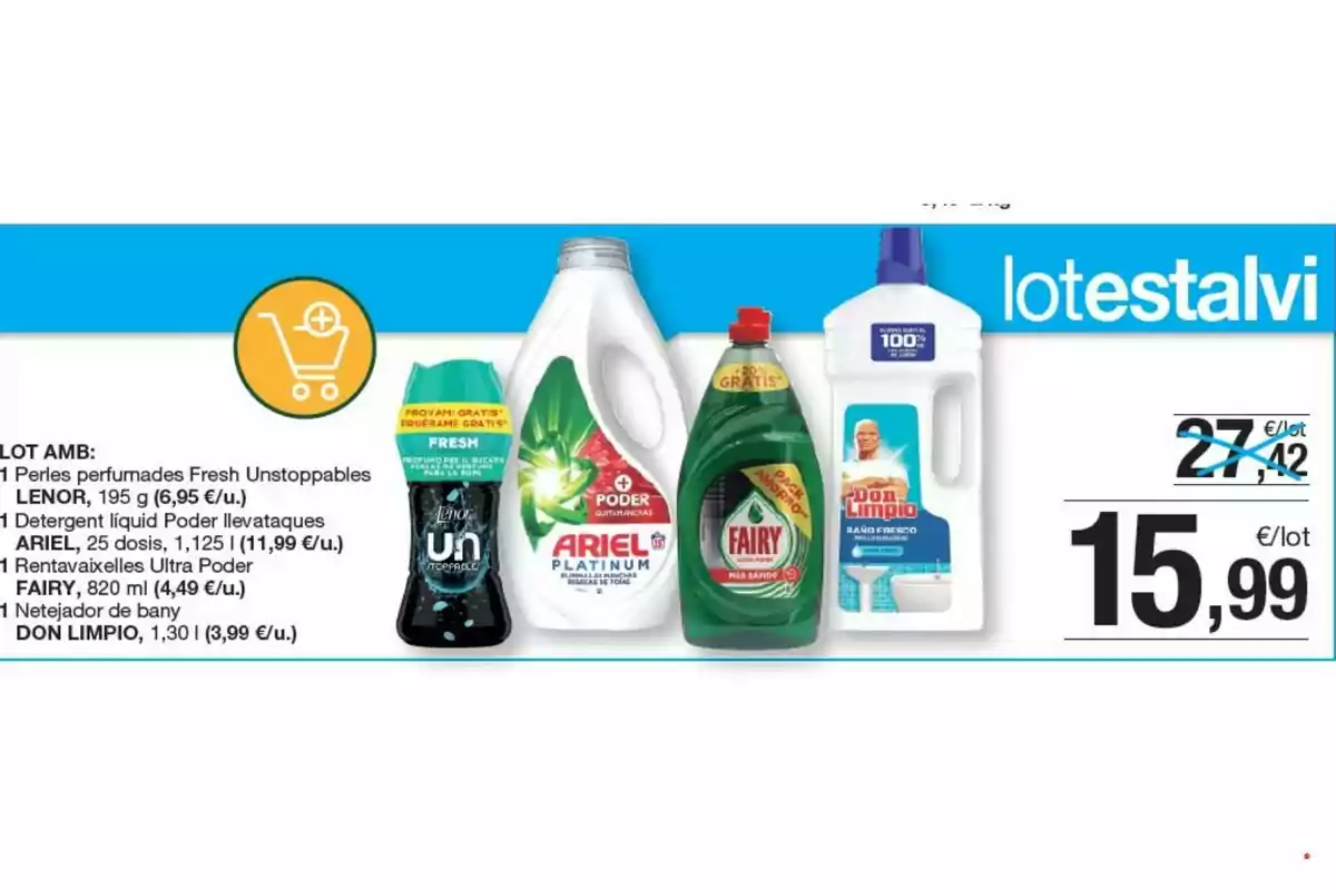 Imatge d'un anunci d'un lot de productes de neteja que inclou perles perfumades Lenor, detergent líquid Ariel, rentavaixelles Fairy i netejador de bany Don Limpio, amb un preu promocional de 15,99 euros. Imatge d'un anunci d'un lot de productes de neteja que inclou perles perfumades Lenor, detergent líquid Ariel, rentavaixelles Fairy i netejador de bany Don Limpio, amb un preu promocional de 15,99 euros.