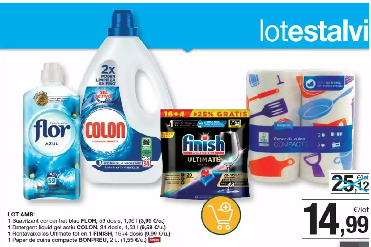 Imatge d´un lot de productes de neteja i cuina que inclou suavitzant Flor, detergent Colon, pastilles per a rentaplats Finish i paper de cuina Bonpreu, amb un preu promocional de 14,99 euros.