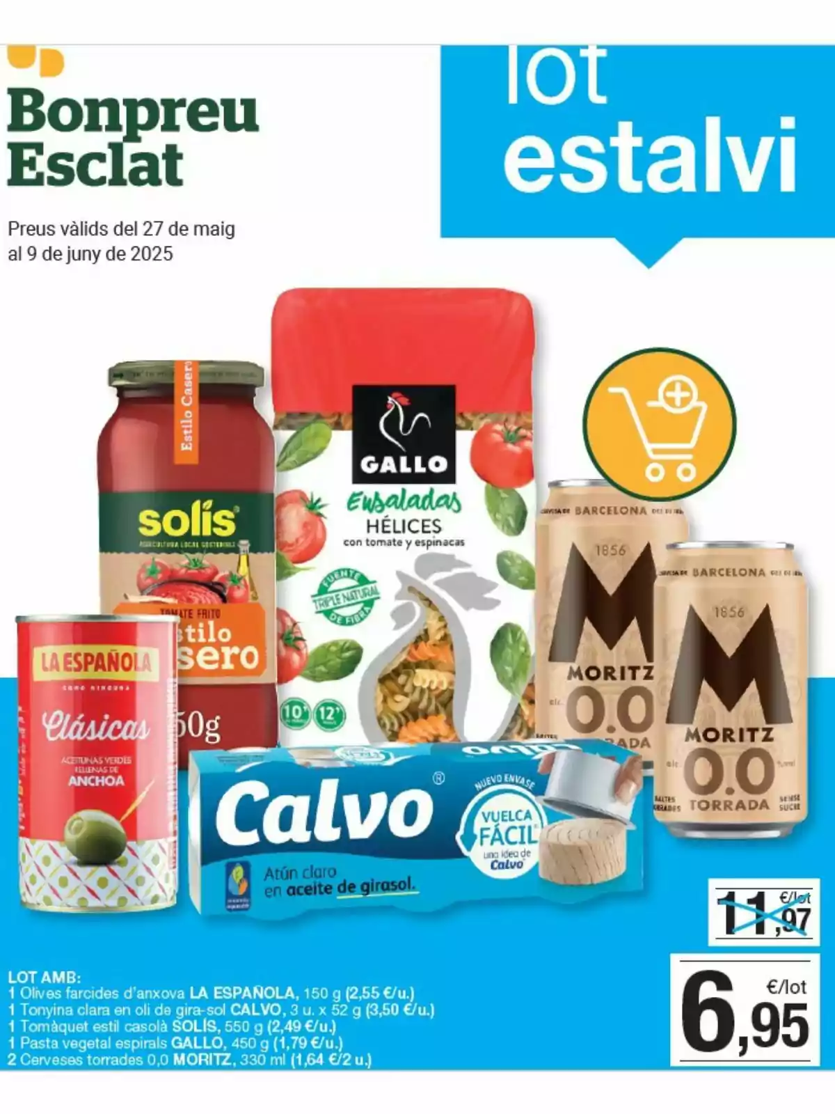 Oferta de Bonpreu Esclat amb un lot de productes que inclou olives farcides, tomàquet fregit, pasta d’helices, tonyina en oli de gira-sol i dues cerveses sense alcohol, tot per 6,95 euros Oferta de Bonpreu Esclat amb un lot de productes que inclou olives farcides, tomàquet fregit, pasta d’helices, tonyina en oli de gira-sol i dues cerveses sense alcohol, tot per 6,95 euros
