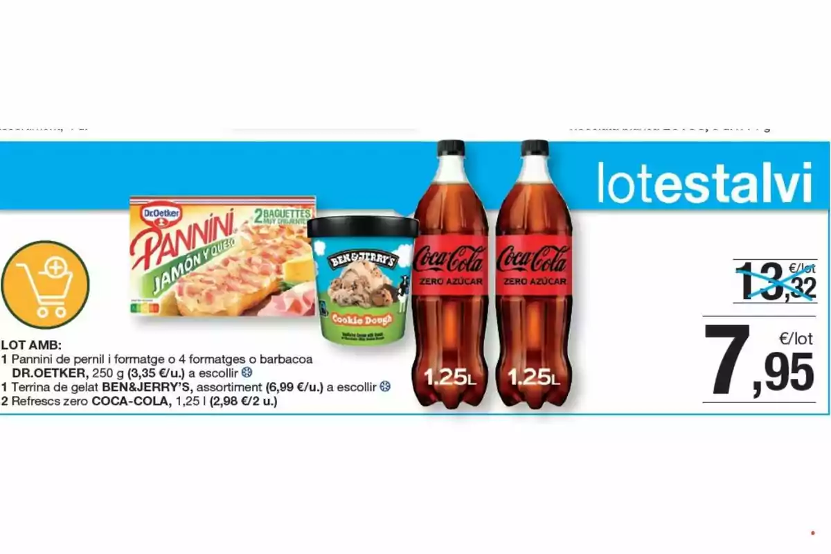 Promoció d'un lot de productes que inclou un paquet de paninis de pernil i formatge Dr. Oetker, un gelat Ben & Jerry's de massa de galeta i dues ampolles de Coca-Cola Zero Sucre d'1,25 litres cadascuna, amb un preu reduït de 7,95 euros per lot.