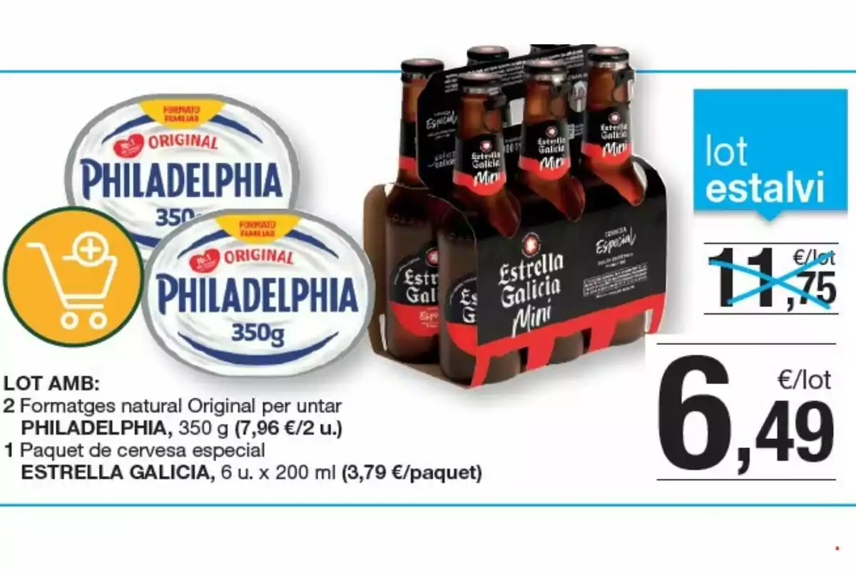 Promoción de un lote que incluye dos envases de queso crema Philadelphia de 350 g y un paquete de seis cervezas Estrella Galicia Mini de 200 ml cada una, con un precio reducido de 6,49 € por lote. Promoción de un lote que incluye dos envases de queso crema Philadelphia de 350 g y un paquete de seis cervezas Estrella Galicia Mini de 200 ml cada una, con un precio reducido de 6,49 € por lote.