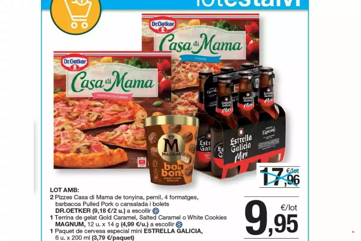 Oferta de supermercat amb dues pizzes Casa di Mama, un gelat Magnum Bon Bon i un pack de sis cerveses Estrella Galicia Mini per 9,95 euros Oferta de supermercat amb dues pizzes Casa di Mama, un gelat Magnum Bon Bon i un pack de sis cerveses Estrella Galicia Mini per 9,95 euros
