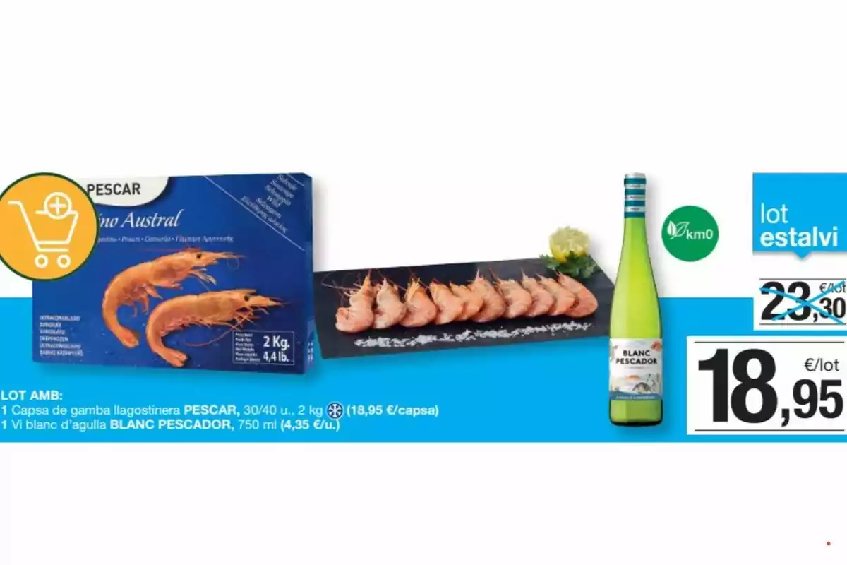 Caixa de gambes congelades Pescar de 2 kg juntament amb una safata de gambes cuites i una ampolla de vi blanc Blanc Pescador, tot en una oferta per 18,95 euros Caixa de gambes congelades Pescar de 2 kg juntament amb una safata de gambes cuites i una ampolla de vi blanc Blanc Pescador, tot en una oferta per 18,95 euros