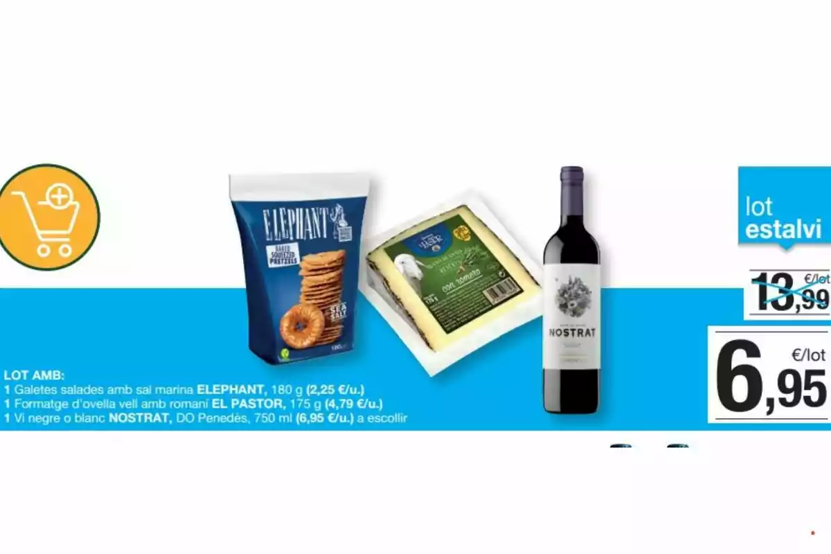 Pack d’estalvi amb galetes salades Elephant, formatge d’ovella El Pastor i una ampolla de vi Nostrat, juntament amb el preu promocional de 6,95 euros Pack d’estalvi amb galetes salades Elephant, formatge d’ovella El Pastor i una ampolla de vi Nostrat, juntament amb el preu promocional de 6,95 euros