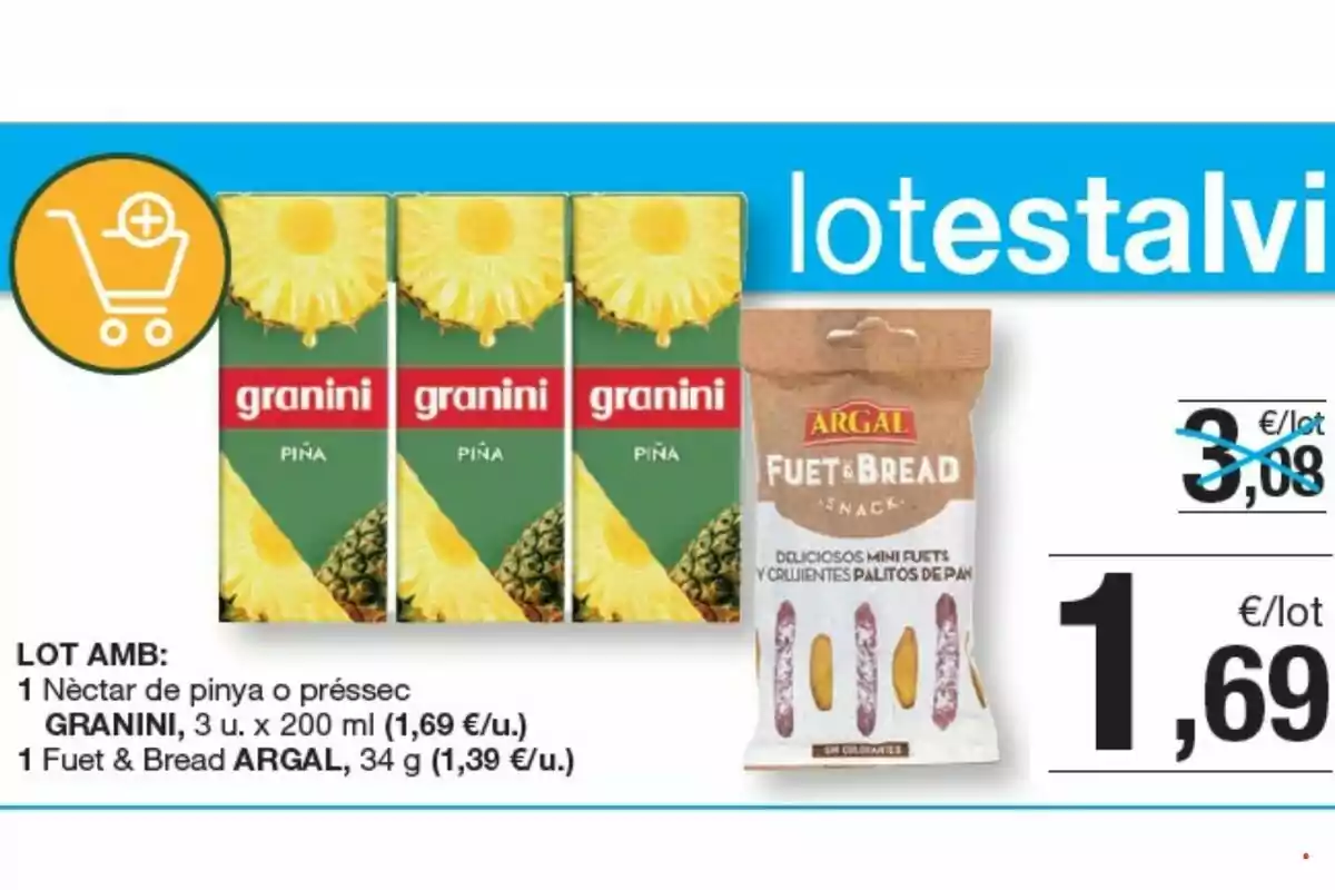 Promoció d'un lot que inclou tres nèctars de pinya Granini i un paquet de Fuet & Bread Argal amb un preu rebaixat d'1,69 euros per lot. Promoció d'un lot que inclou tres nèctars de pinya Granini i un paquet de Fuet & Bread Argal amb un preu rebaixat d'1,69 euros per lot.