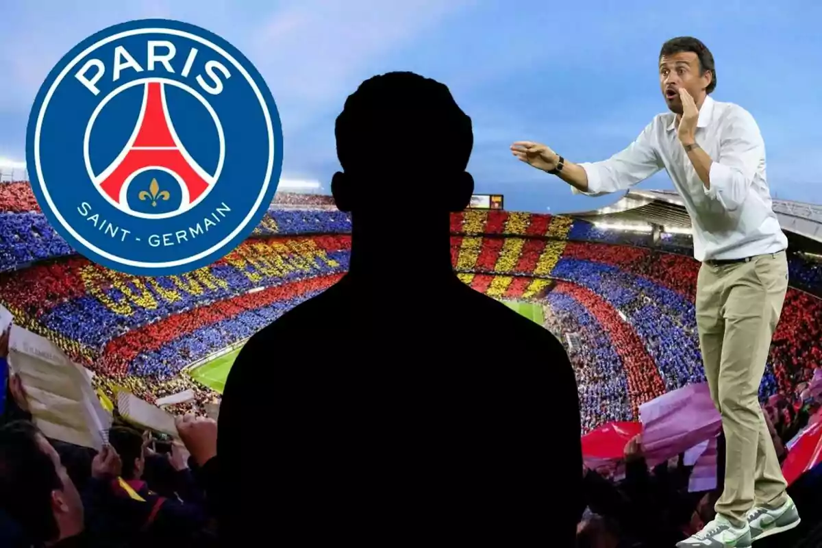 Entrenador de fútbol gesticulando junto a la silueta de una persona y el logo del Paris Saint-Germain en un estadio lleno de aficionados.