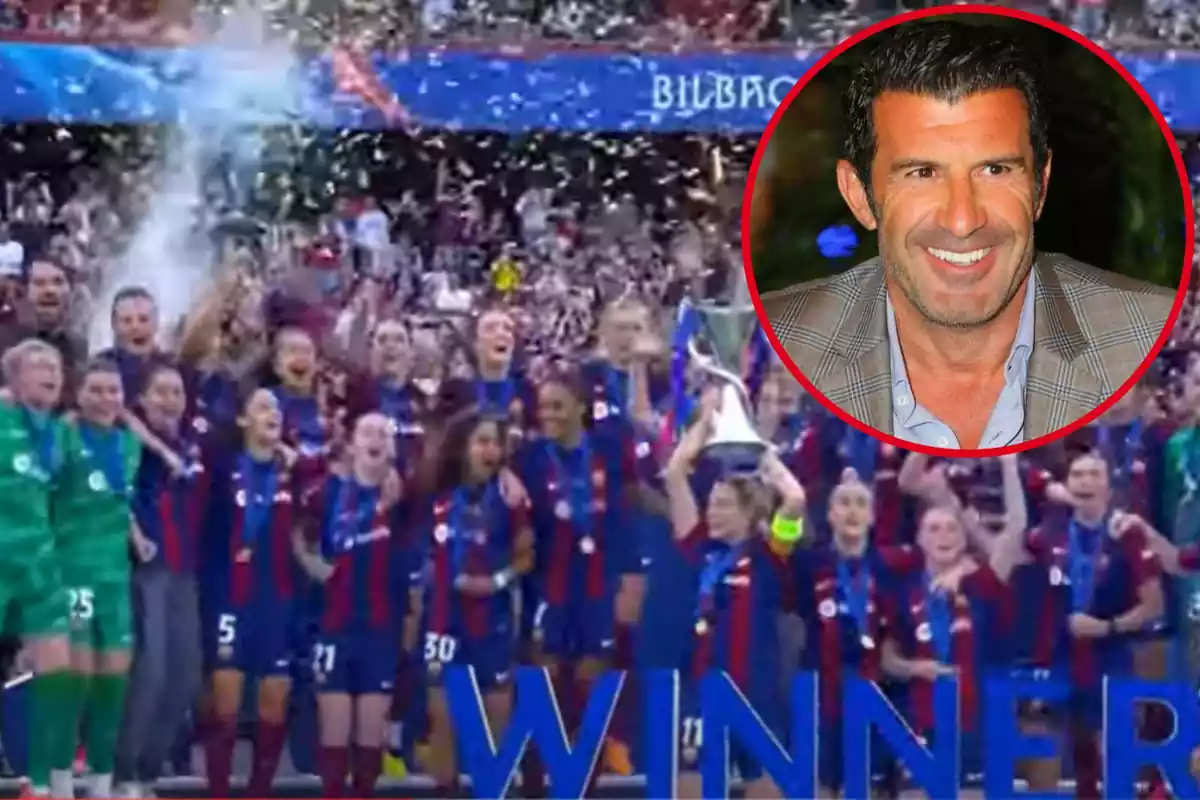 Muntatge amb la celebració del Barça femení de la final de la Champions i un cercle a dalt a la dreta amb Luis Figo