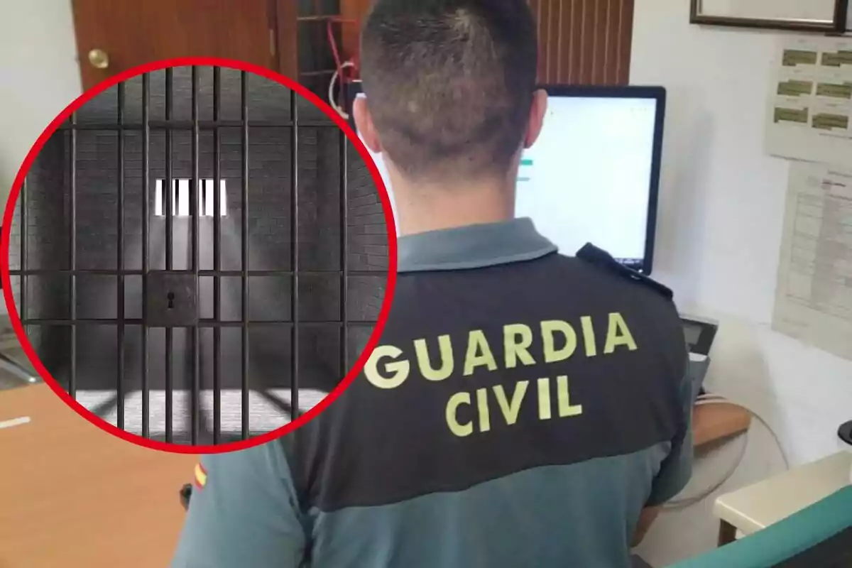 Un agent de la Guàrdia Civil treballant en una oficina amb una imatge d?una cel·la de presó superposada en un cercle vermell.