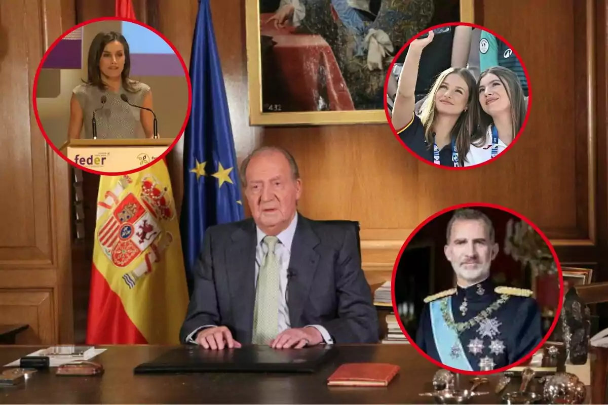 Una persona mayor está sentada en un escritorio con una bandera de España y una bandera de la Unión Europea detrás de él, y hay cuatro imágenes circulares alrededor de él que muestran a otras personas en diferentes contextos.