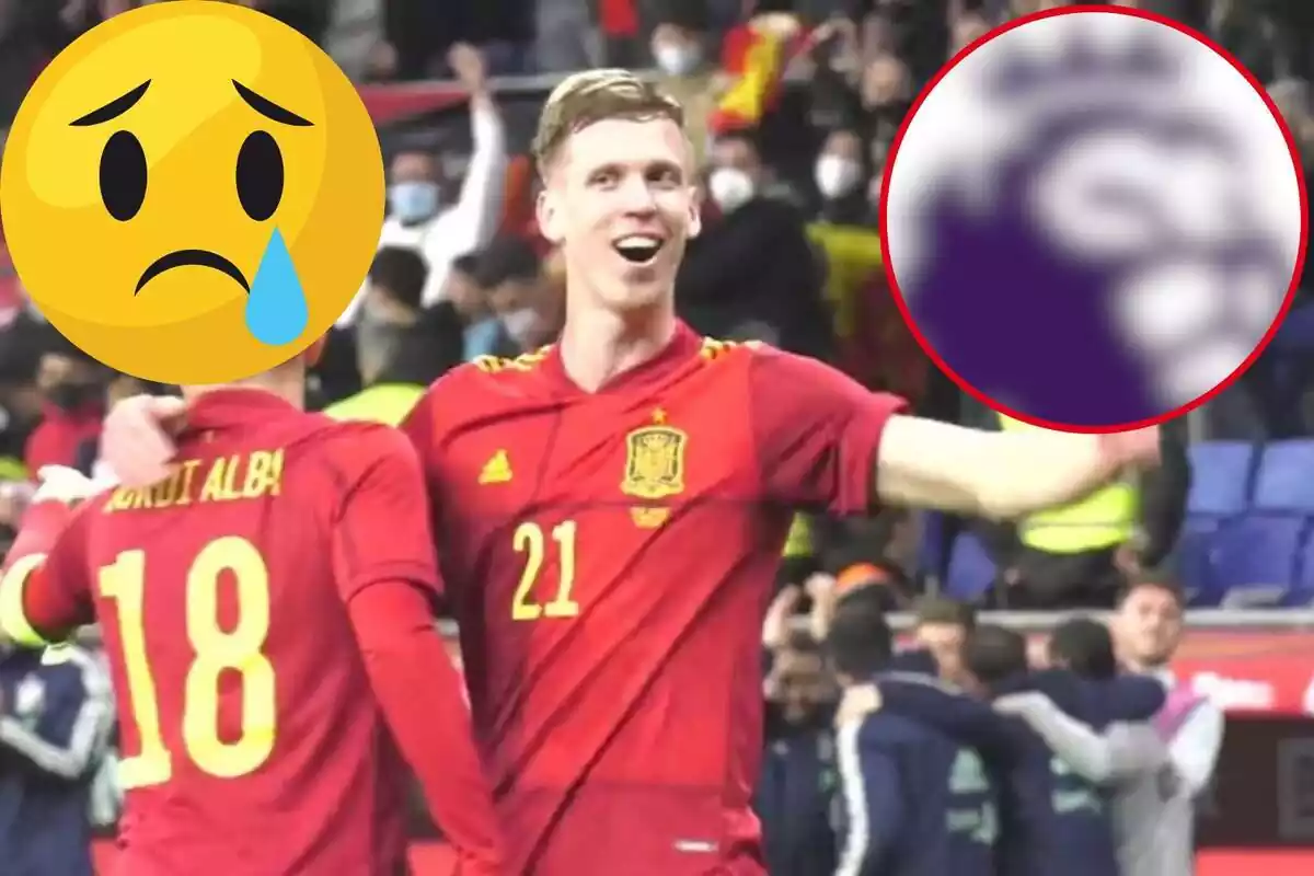 Muntatge amb Dani Olmo celebrant un gol amb Espanya, una emoticona plorant a dalt a l'esquerra i un cercle difuminat a dalt a la dreta