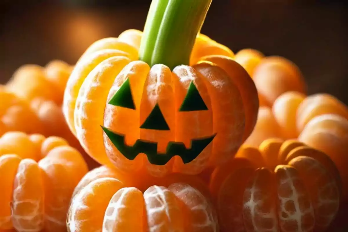 Una mandarina pelada con cara de calabaza de Halloween.