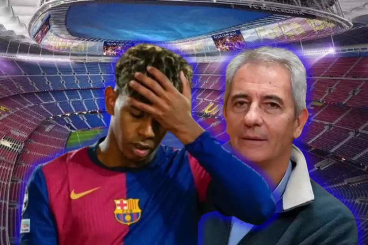Un jugador de fútbol con la mano en la frente y un hombre mayor están superpuestos sobre la imagen de un estadio de fútbol.