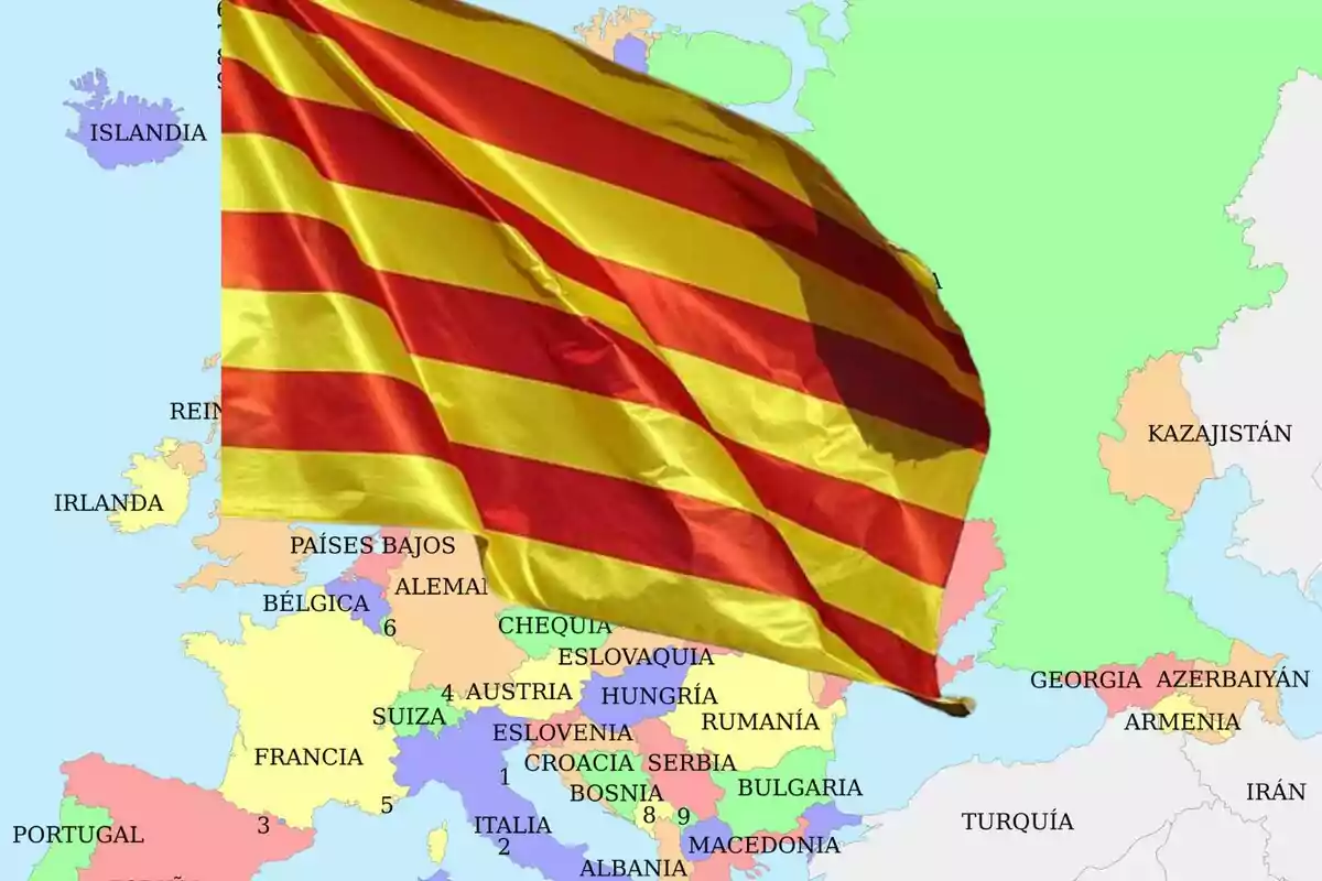 Mapa d´Europa amb una bandera de ratlles vermelles i grogues superposada.