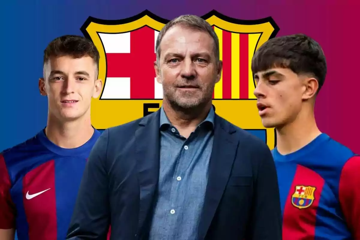 Tres persones davant de l'escut del FC Barcelona, dues amb la samarreta de l'equip i una al centre amb vestit.