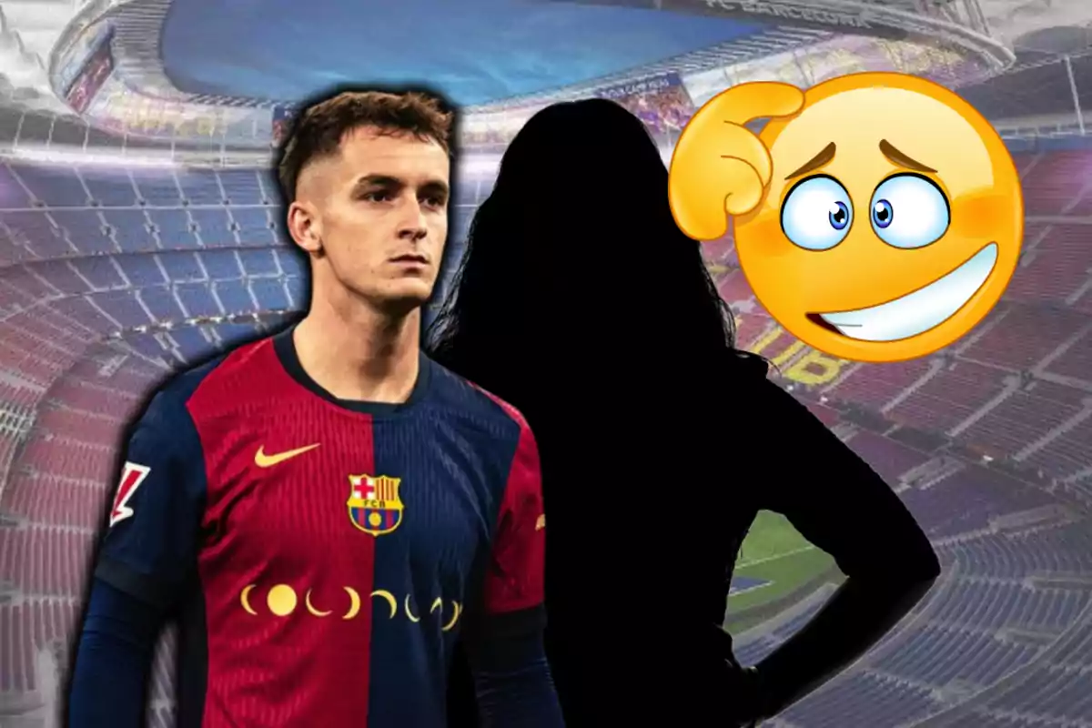Un jugador del Barcelona al costat d’una silueta misteriosa i un emoji pensatiu en un estadi de futbol