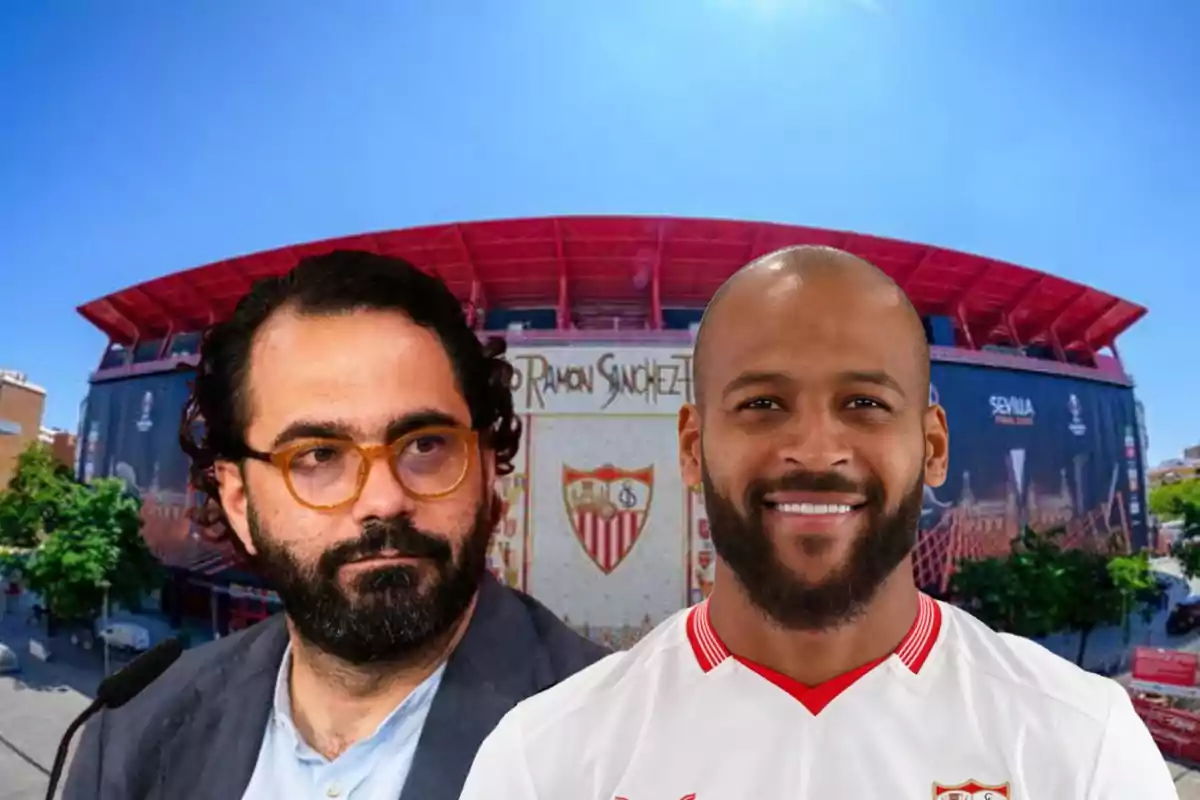 Víctor Orta y Marcao con el Sánchez-Pizjuán de fondo