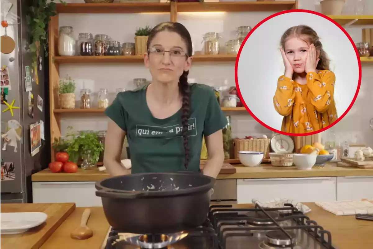 Muntatge amb una imatge de Maria Nicolau cuinant. A la dreta, una imatge amb una nena i la reacció d'una entremaliada