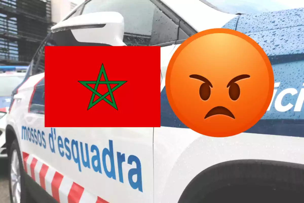 Cotxe dels Mossos d'Esquadra amb la bandera del Marroc i un emoji de cara enfadada superposats