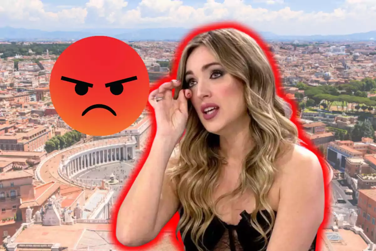 Una mujer con expresión preocupada y un emoji enojado sobre un fondo de ciudad.