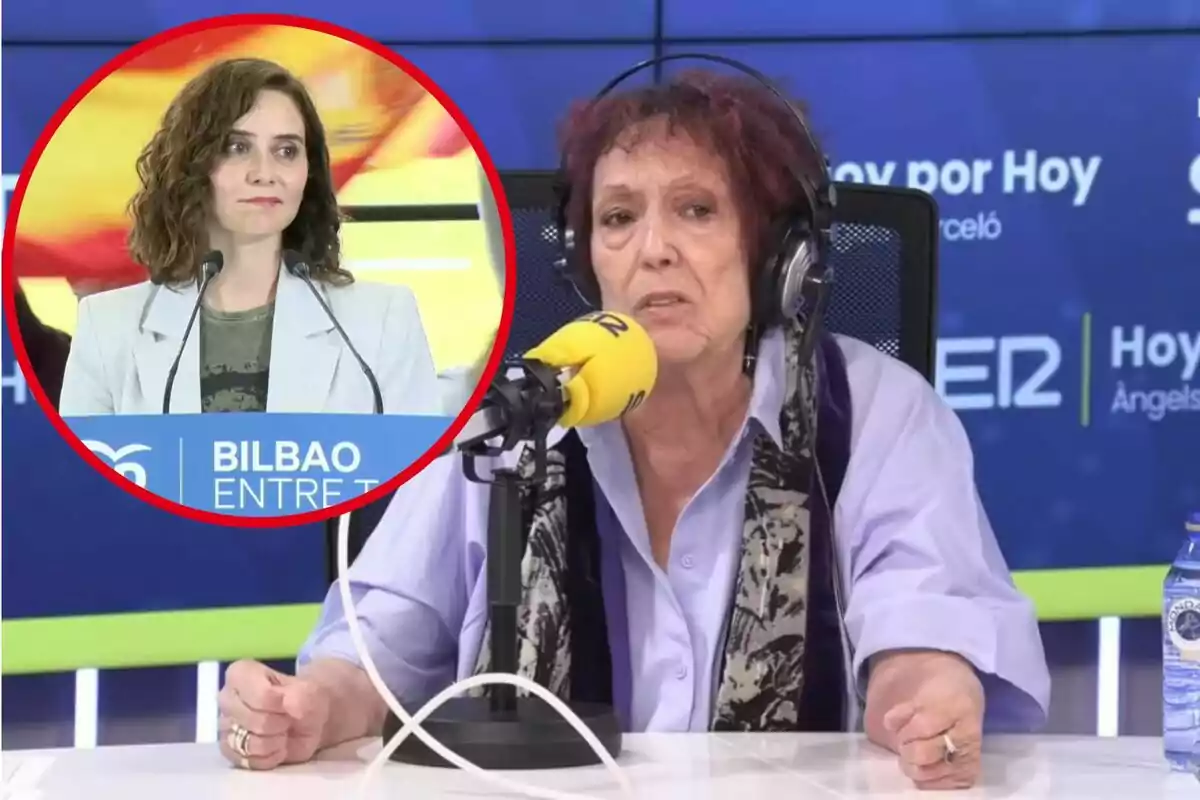 Una dona amb auriculars parla en un micròfon de ràdio mentre en un requadre apareix una altra dona en un podi.