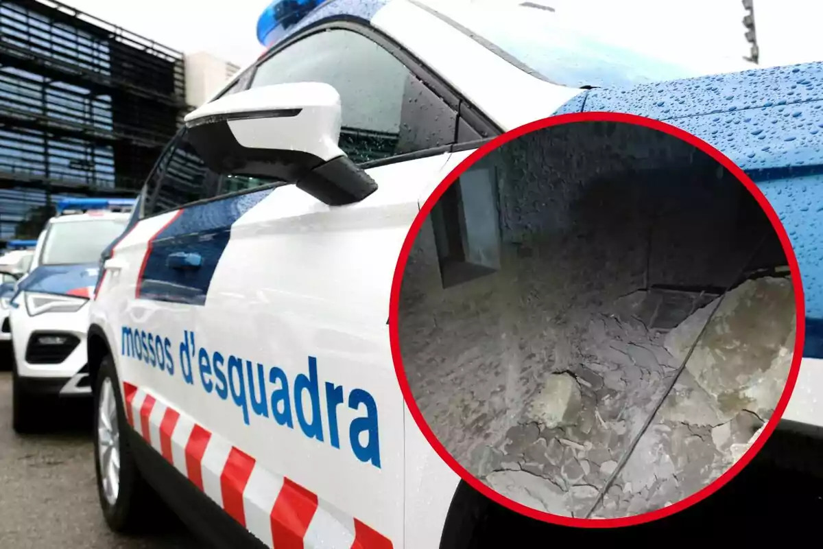 Un cotxe dels Mossos d'Esquadra estacionat sota la pluja amb un requadre que mostra un interior amb runa.