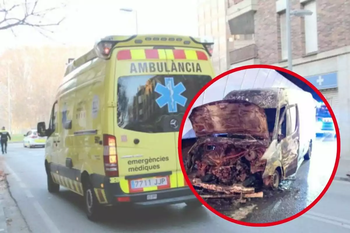 Una ambulancia amarilla está estacionada en una calle, mientras que en un recuadro se muestra una furgoneta quemada con el capó abierto.