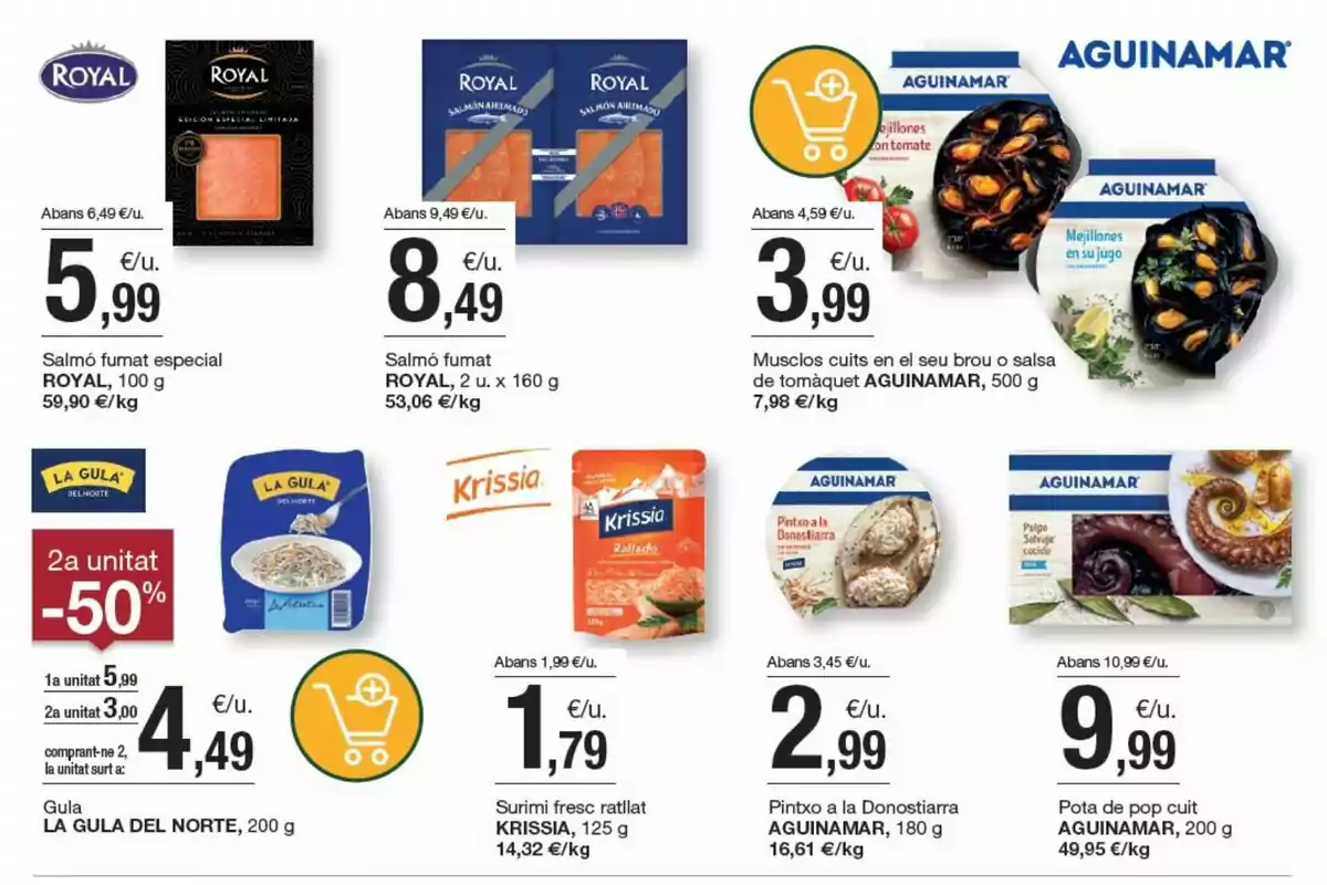Fullet de supermercat amb ofertes de productes del mar com salmó fumat, musclos, gules, surimi, pintxo i pop de les marques Royal, Aguinamar, La Gula del Norte i Krissia, mostrant preus i descomptes Fullet de supermercat amb ofertes de productes del mar com salmó fumat, musclos, gules, surimi, pintxo i pop de les marques Royal, Aguinamar, La Gula del Norte i Krissia, mostrant preus i descomptes