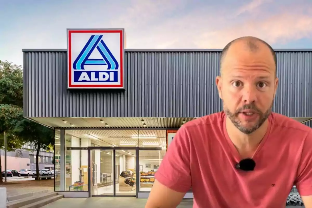 Muntatge amb una imatge de l'exterior d'un establiment Aldi ia la dreta el tiktoker i dietista Microbiotadesdecero durant el vídeo