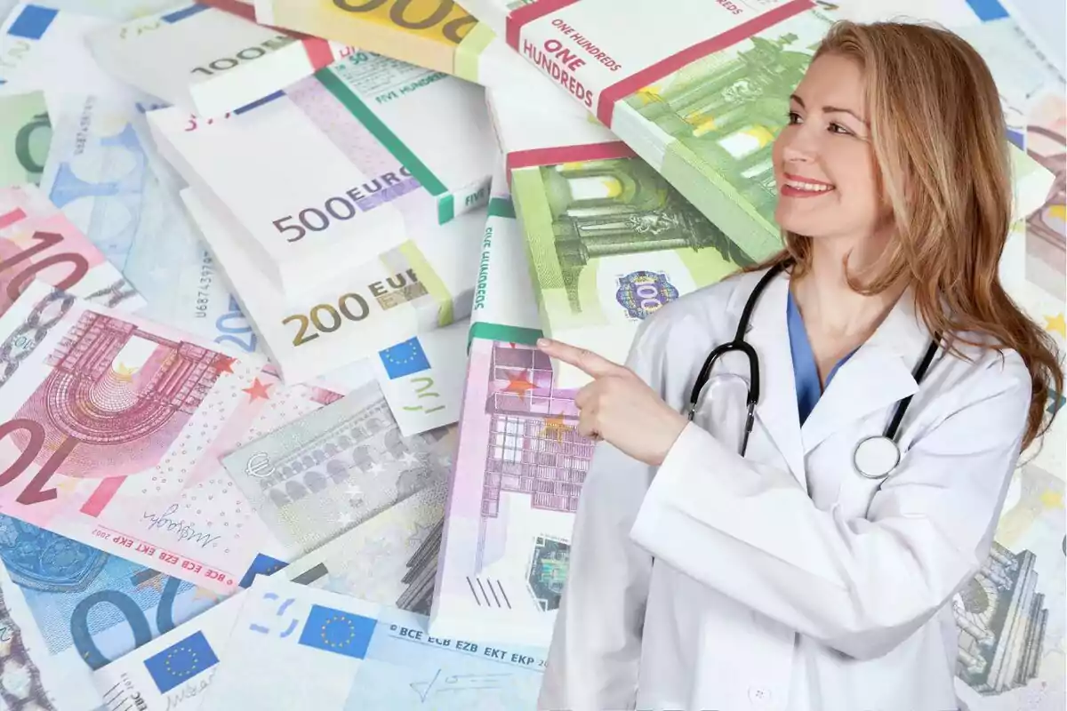 Una mujer con bata de médico y estetoscopio sonríe mientras señala hacia un fondo de billetes de euro.