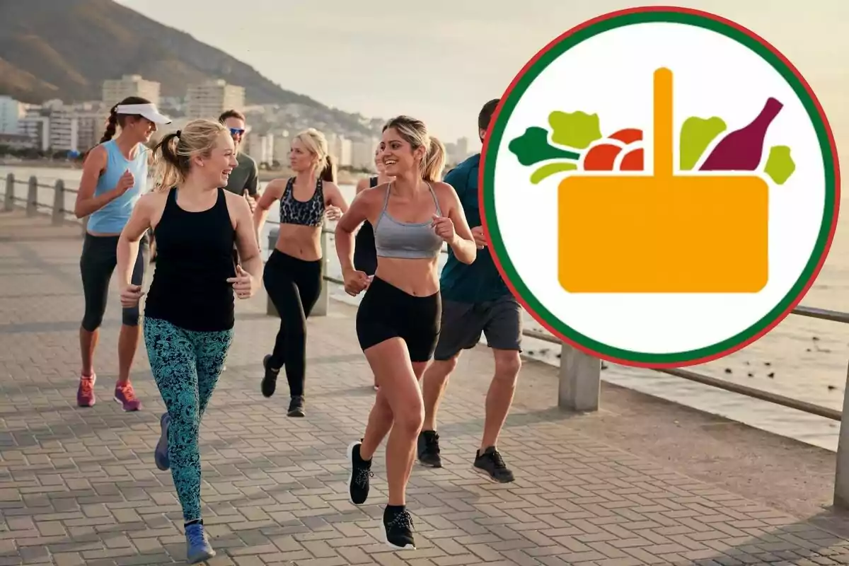 Un grup de persones corrent al?aire lliure al costat d?una icona d?una cistella d?aliments. Un grup de persones corrent al?aire lliure al costat d?una icona d?una cistella d?aliments.