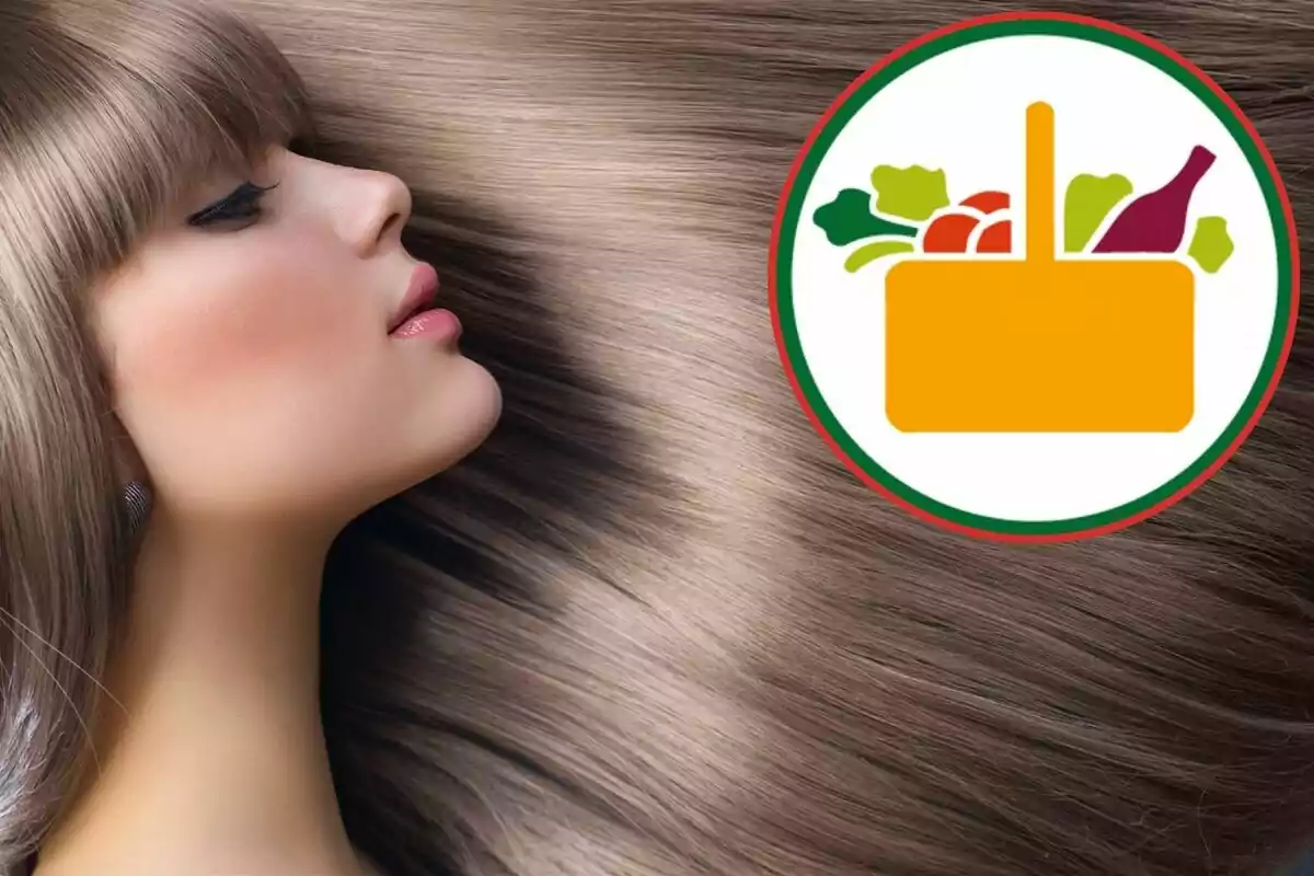 Dona de perfil amb cabells llargs i lacio al costat d'una icona de cistella d'aliments. Dona de perfil amb cabells llargs i lacio al costat d'una icona de cistella d'aliments.