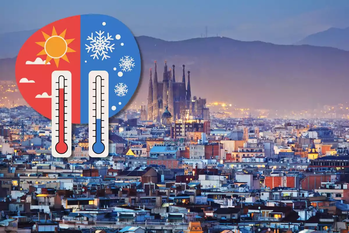 Imatge d'una ciutat cap al tard amb un gràfic de clima mostrant un termòmetre per a temperatures càlides i un altre per a temperatures fredes.