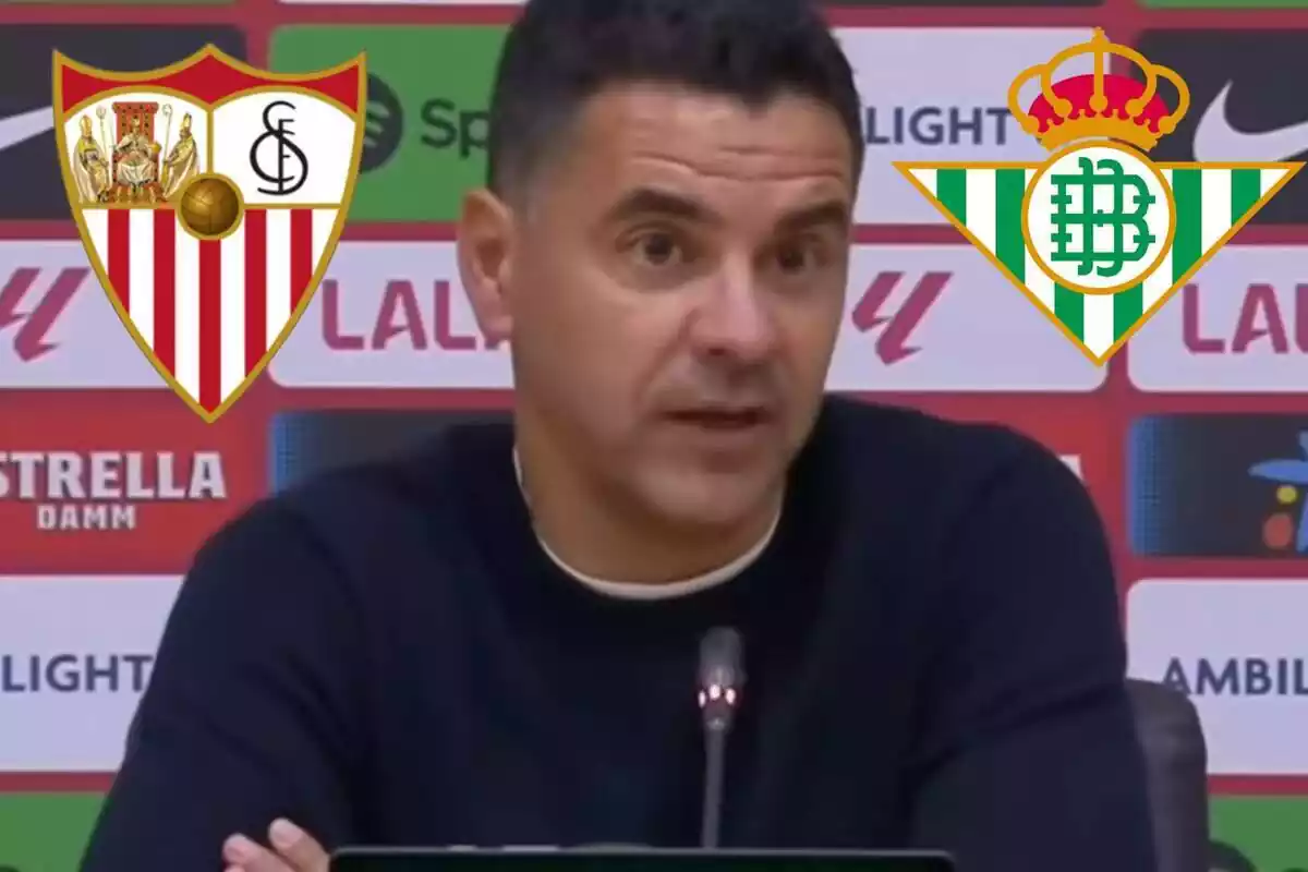 Muntatge amb una imatge de Míchel, entrenador del Girona, en roda de premsa. Als costats els escuts del Sevilla FC i del Real Betis
