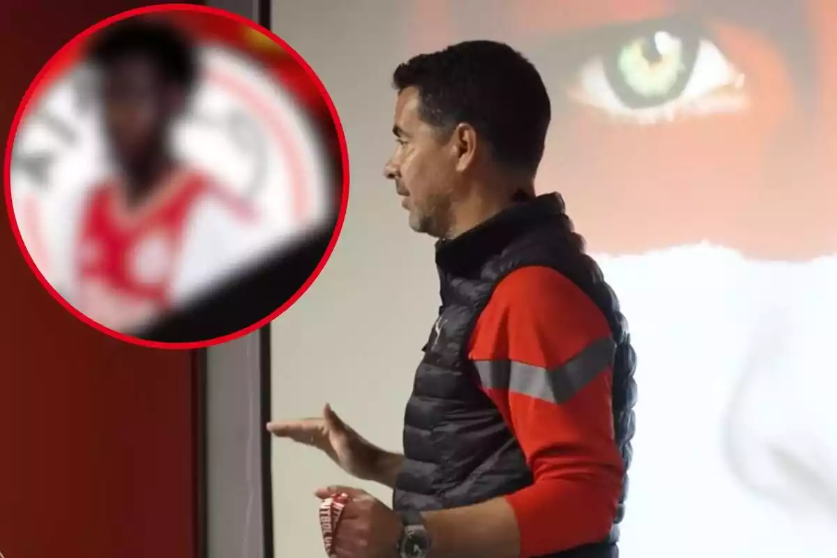 Muntatge amb una imatge de Míchel, entrenador del Girona FC ia la cantonada superior esquerra, dins d'un cercle i difuminat, el jugador referenciat a la notícia