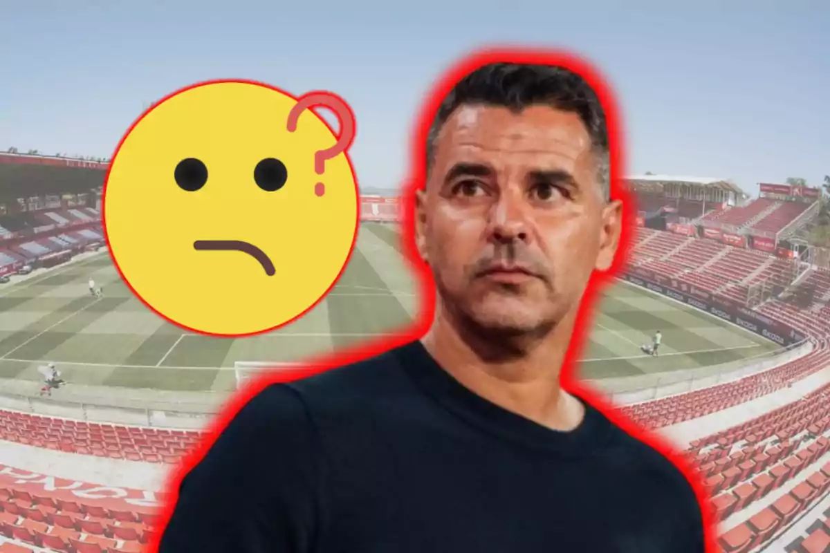 Un hombre con expresión seria está superpuesto sobre un estadio de fútbol vacío junto a un emoji de cara pensativa.