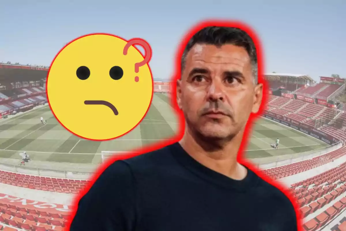 Un home amb expressió seriosa està superposat sobre un estadi de futbol buit, al costat d'un emoji de cara confosa.