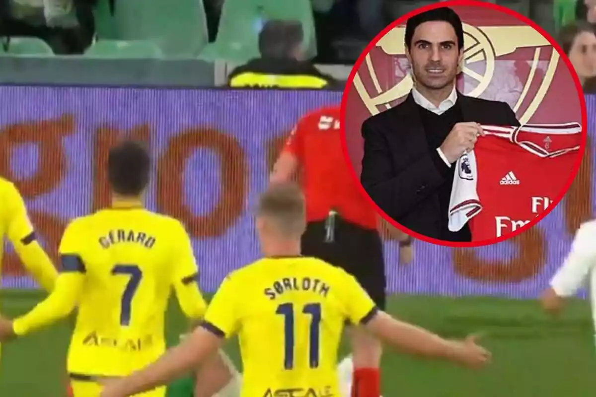 Muntatge amb una imatge de futbolistes del Vila-real protestant una jugada ia la cantonada superior dreta, dins d'un cercle, Mikel Arteta amb una samarreta de l'Arsenal a la mà