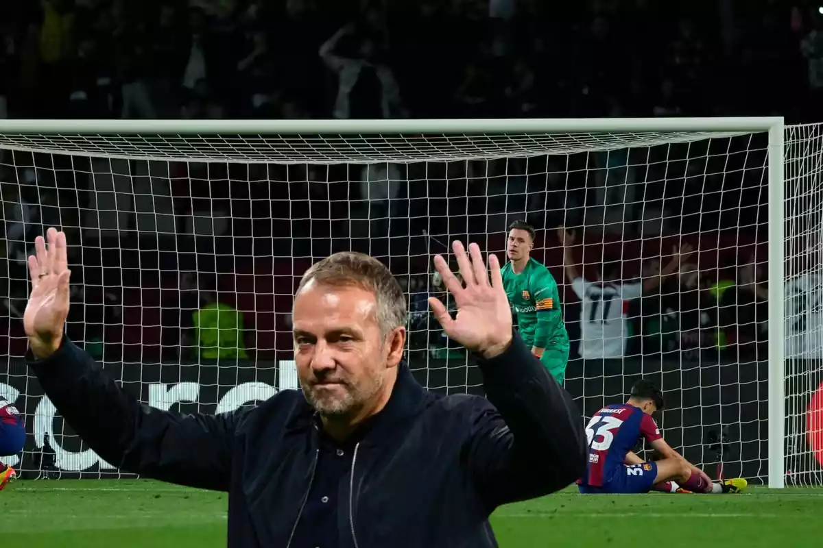 Pau Cubarí i Ter Stegen en un dels gols rebuts davant del PSG; i Hansi Flcik saludant