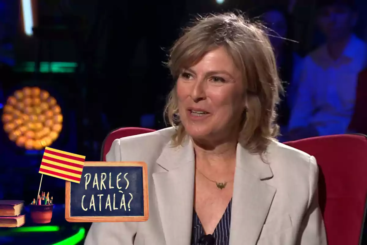 Muntatge amb una imatge de Mònica López al programa Col·lpase de TV3. A l'esquerra, una imatge amb una promoció del català