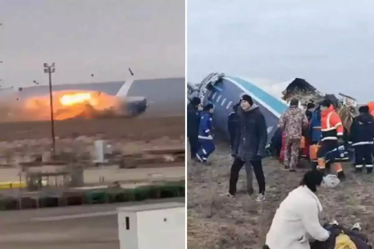 Un avión en llamas tras un accidente y personas alrededor de los restos en un campo.